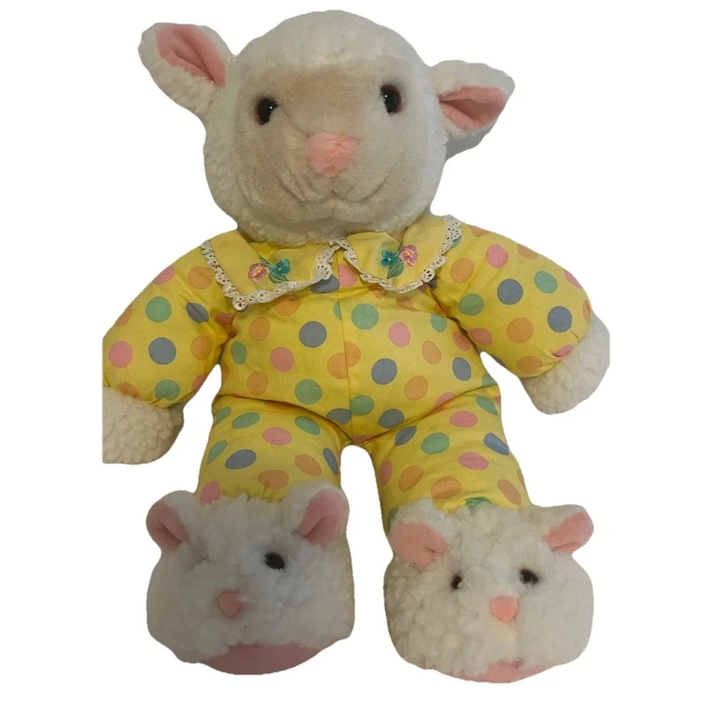 Vintage Plush Creations Lamb Sheep With Slippers Plush Stuffed Animal Polka Dots